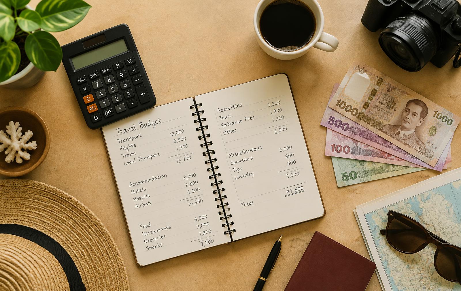 Travel budget notebook, calculator and Thai baht notes on a desk
