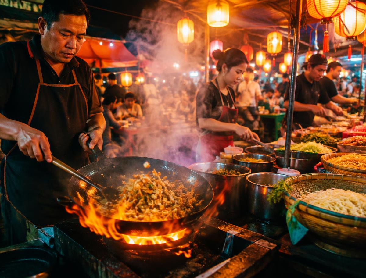 Thai night market food stall with a flaming wok and lanterns