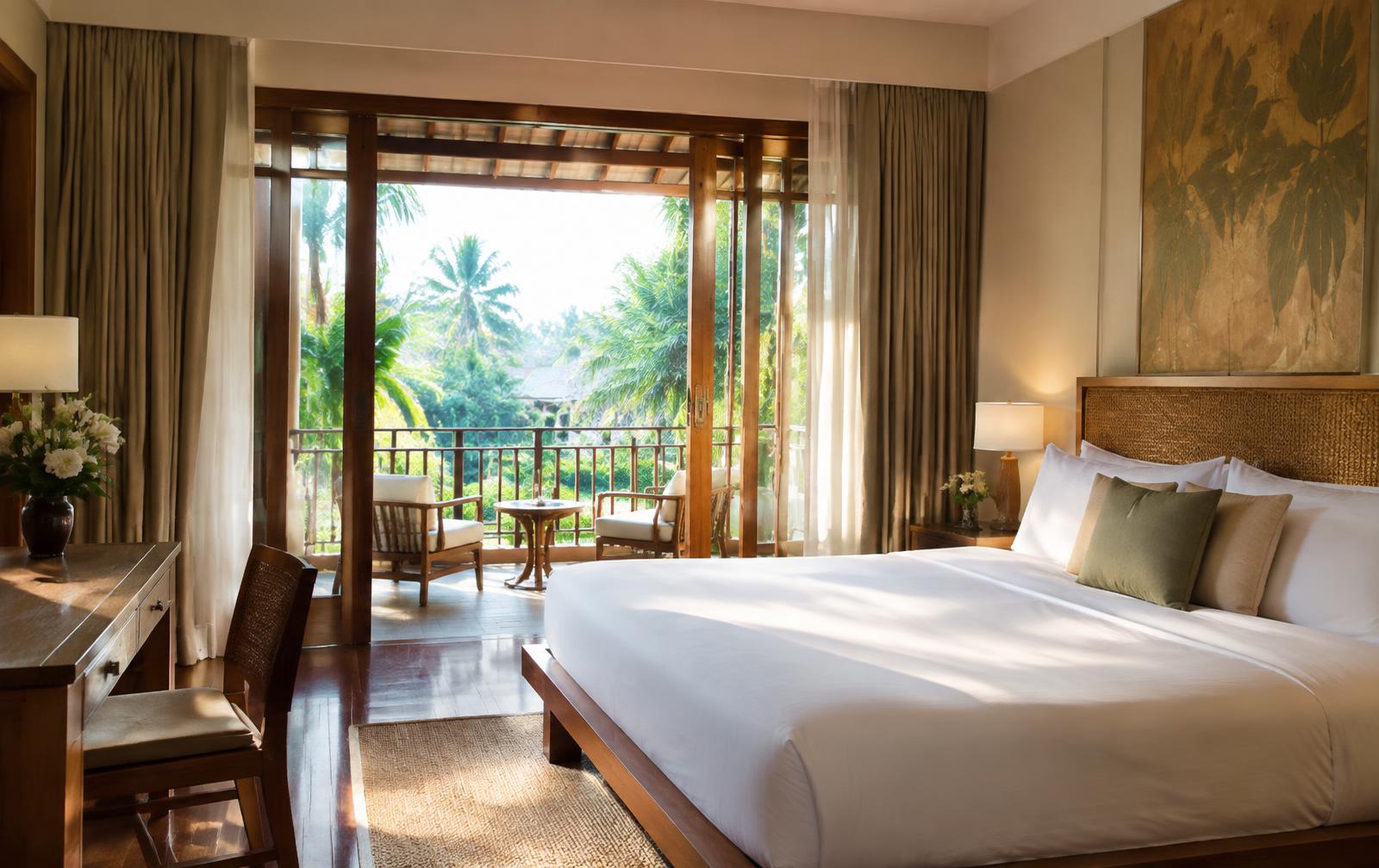 Boutique Thai hotel room with teak furniture and a balcony over greenery