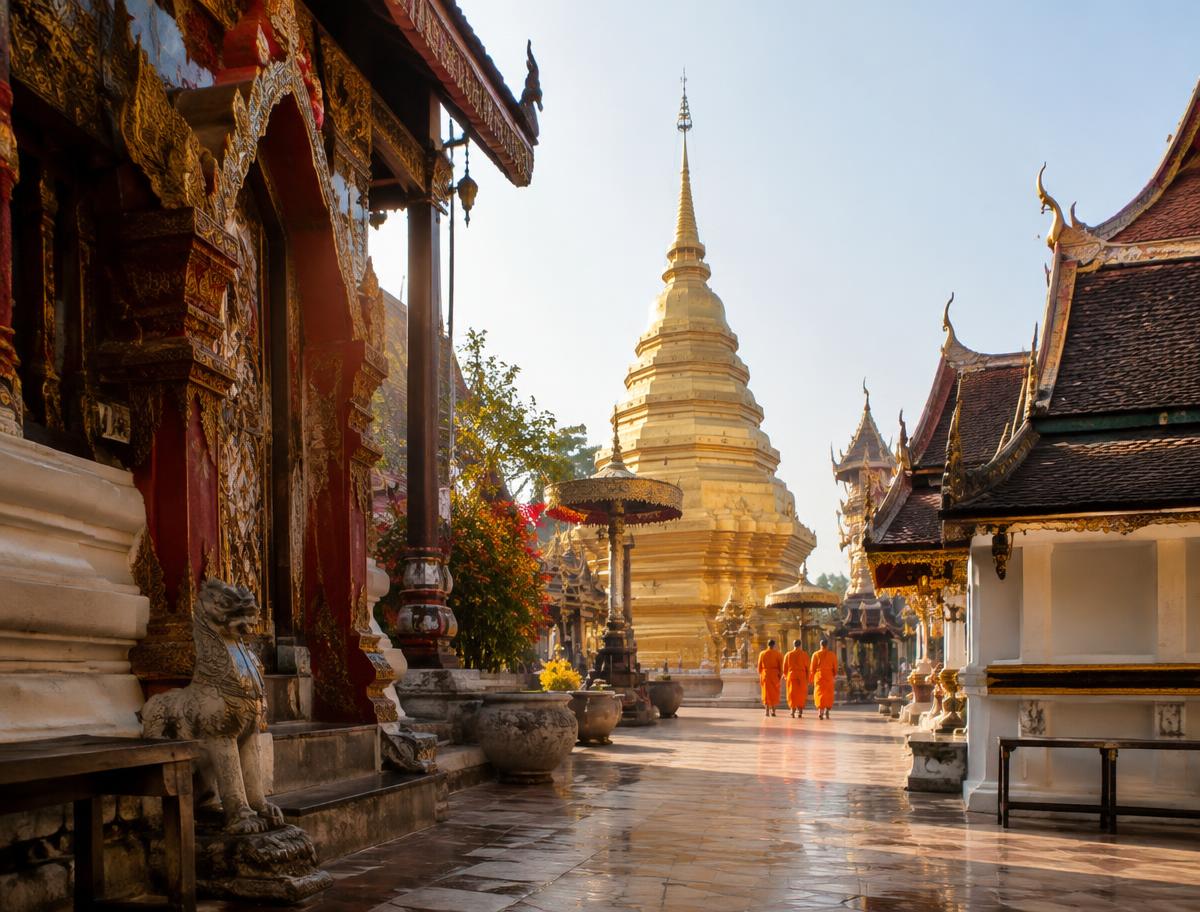 Temple courtyard with a golden stupa and monks in orange robes