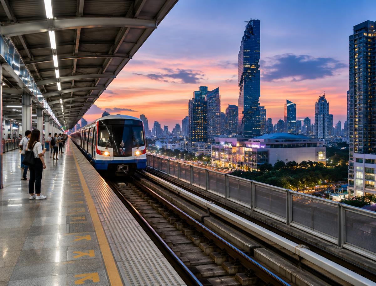 Bangkok Skytrain arriving at an elevated platform above the city at dusk